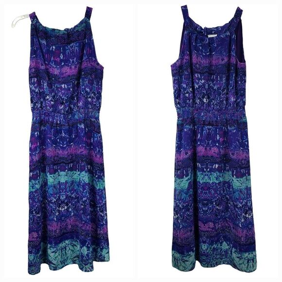 Chico's Blue Watercolor Sleeveless Halter Chiffon Dress Colorful Knee Length - Picture 3 of 11